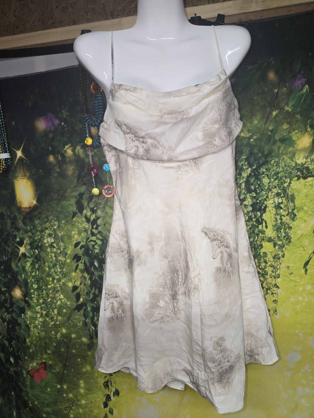 #171 Cowl-Neck Marble Print Mini Dress in Light Beige